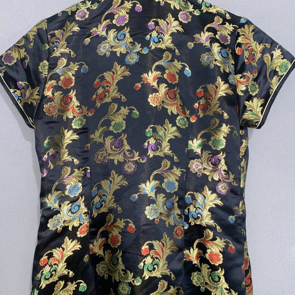 Brocade Cheongsam Qipao Dress Black Gold Floral Mandarin Collar M - Picture 7 of 9